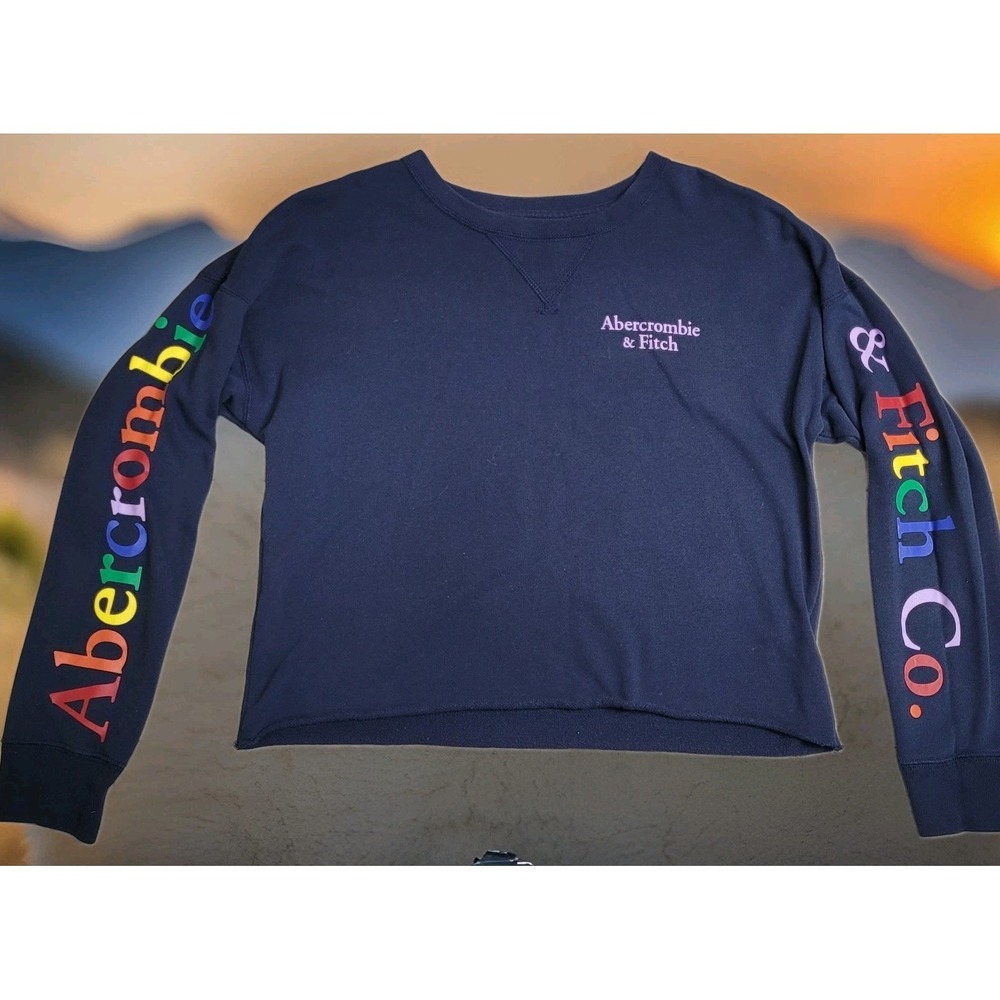 Abercrombie & Fitch Sweatshirt Womens L Navy Cropped Rainbow Color Spell Out